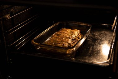 Lazanya fırında pişmiş durumda. Lezzetli bir ev yemeği pişiriyorum.