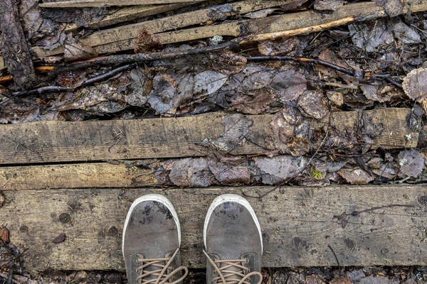 Buty podróżnika są na ziemi desek i spadających liści — Zdjęcie stockowe