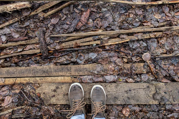 Buty podróżnika są na ziemi desek i spadających liści — Zdjęcie stockowe