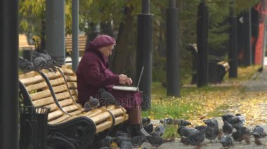 Dizüstü bilgisayar ve güvercinler büyükanne. 2 tekila. Ağır çekim. Clouse-up.