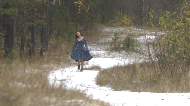 Caminar en el bosque de otoño bajo la primera nieve . — Vídeos de Stock