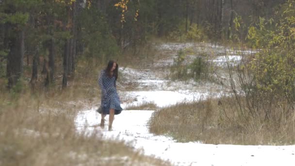 Caminar en el bosque de otoño bajo la primera nieve . — Vídeo de stock