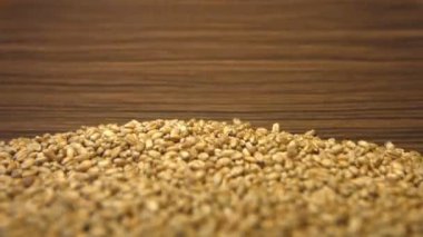 Buğday taneleri kahverengi ahşap arka plan üzerinde. 2 tekila. Yatay pan. Yakın çekim.