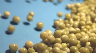 Mavi bir arka plan üzerinde konserve yeşil bezelye. 2 tekila. Ağır çekim. Yatay pan. Yakın-up.1. konserve yeşil bezelye aşağı (soldan sağa) mavi bir arka plan üzerinde haddeleme ve tüm alanı frame.2 doldurur. Yatay (soldan sağa) panorama.