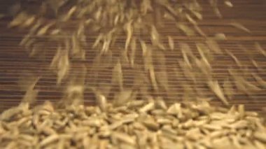 Çavdar tahıl kahverengi ahşap arka plan üzerinde. 2 tekila. Yatay pan. Yakın-up.1. çavdar tahıl haddeleme aşağı (soldan sağa) üzerinde kahverengi ahşap background.2. Yatay (soldan sağa) panorama.