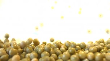 Beyaz bir arka plan üzerinde konserve yeşil bezelye. 2 tekila. Yatay pan. Yakın-up.1. konserve yeşil bezelye haddeleme aşağı üzerinde beyaz bir background.2. Yatay (sağdan sola) panorama.