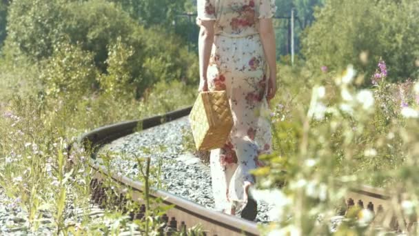 Девушка Чемоданом Железнодорожных Путях Красивая Рыжая Девушка Чемоданом Прогуливается Железной — стоковое видео