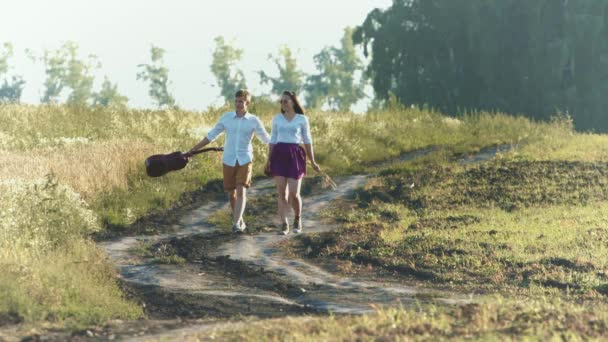 Der Mann Und Das Mädchen Gehen Auf Dem Feld Entlang — Stockvideo