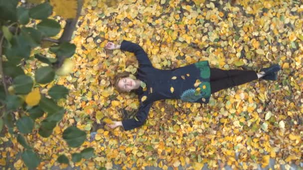 La fille parmi les feuilles jaunes . — Video