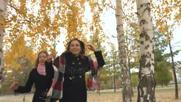 Две Девушки Осеннем Парке Медленное Движение Две Веселые Девушки Бегают — стоковое видео