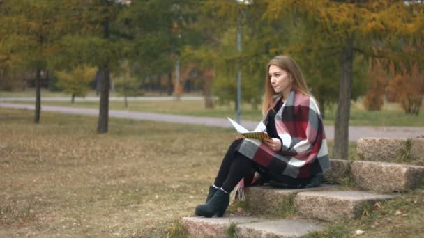 Fille Dans Parc Automne Une Jeune Fille Assoit Sur Une — Video