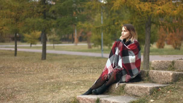 Chica Parque Otoño Una Chica Joven Sienta Una Roca Parque — Vídeos de Stock