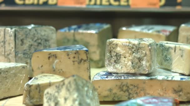 乳酪在超级市场的架子 从左到右 多种不同种类的奶酪 — 图库视频影像