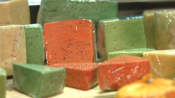 Cheese Shelf Supermarket Horizontal Right Left Pan Man Hand Takes — Stock Video