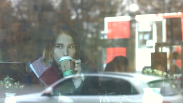 Uma Rapariga Adorável Num Café Movimento Lento Uma Menina Bonito — Vídeo de Stock