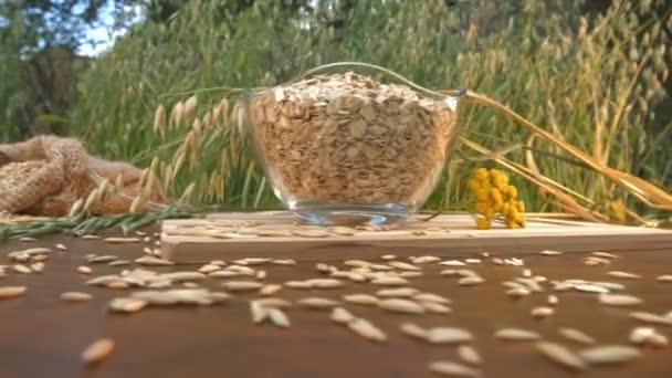 Ainda Vida Com Aveia Flocos Aveia Natureza Deslizamento Câmera Direita — Vídeo de Stock