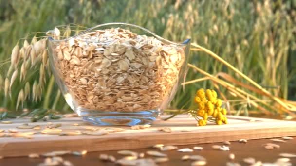 Ainda Vida Com Aveia Flocos Aveia Natureza Deslizamento Câmera Direita — Vídeo de Stock