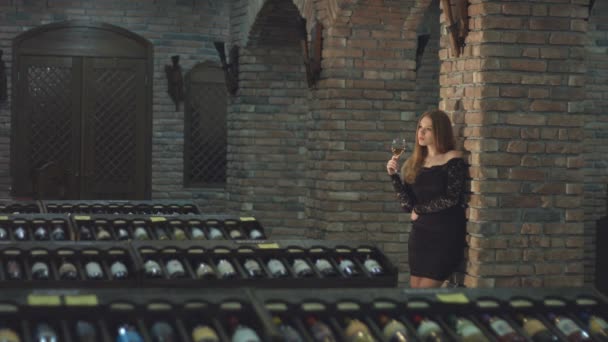 Una Chica Hermosa Está Bebiendo Vino Dos Disparos Moción Lenta — Vídeo de stock