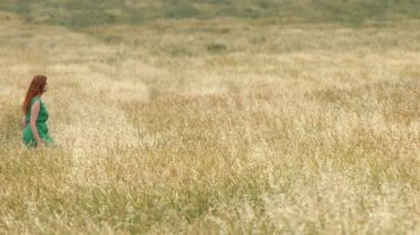 Olgun alanına yürümek. Ağır çekim. Yeşil elbiseli güzel kızıl saçlı kız sarı alan (yulaf ve buğday yürüyor).