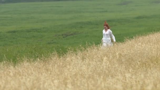 Ein Spaziergang Zwischen Zwei Feldern Zeitlupe Ein Schönes Fröhliches Mädchen — Stockvideo