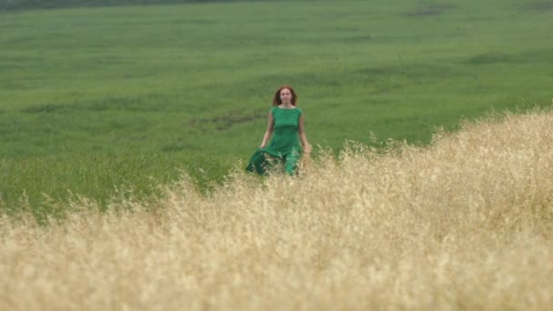 Une Promenade Entre Deux Champs Mouvement Lent Une Belle Fille — Video