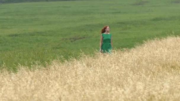 在两个田地之间散步 慢动作 一个穿着绿色连衣裙的漂亮红头发的女孩走在黄绿相间的田野上 — 图库视频影像