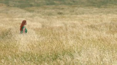 Olgun alanına yürümek. Ağır çekim. Yeşil elbiseli güzel kızıl saçlı kız sarı alan (yulaf ve buğday yürüyor).