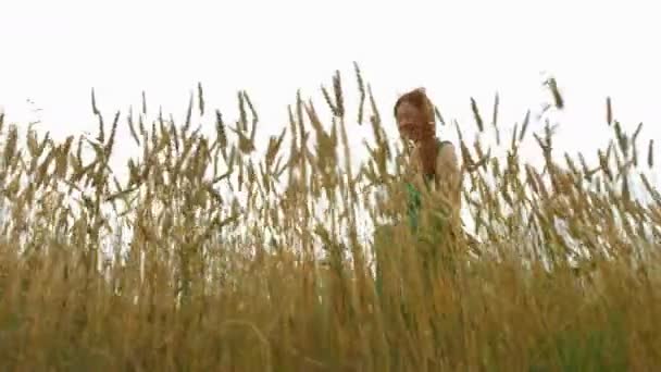 成熟した分野の中を歩きます スローモーション 緑のドレスで陽気な赤い髪の少女は 黄色のフィールド オート麦と小麦 を歩いています 彼女の笑顔します カメラは 彼女の隣に移動します 底面図 — ストック動画