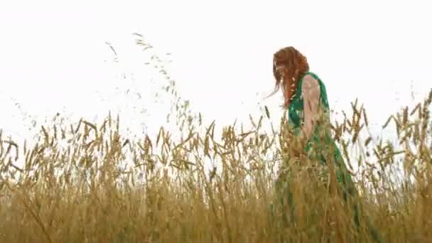 走在成熟的领域 慢动作 一个穿着绿色连衣裙的漂亮红头发的女孩正沿着黄色的田野 燕麦和小麦 她笑了 照相机在她旁边移动 底部视图 — 图库视频影像