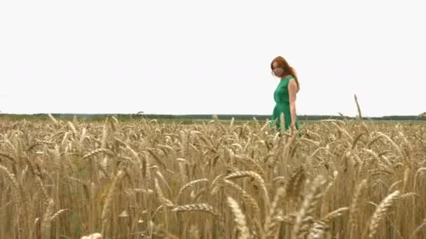 Caminhe Campo Trigo Uma Linda Menina Ruiva Vestido Verde Está — Vídeo de Stock