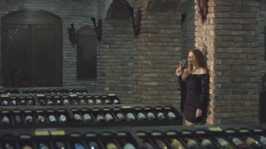 Güzel bir kız şarap veya şampanya içiyor. 2 tekila. Yavaş motion.1. Güzel bir kız eski bir şarap cellar.2 beyaz şarap tatma. Yakın çekim. Bir kız bir kadeh şarap elinde tutuyor. Kameranın alt kısmından üst taşınır.. 