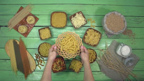 Set Different Types Pasta Noodles Top View Demonstration Two Types — 비디오