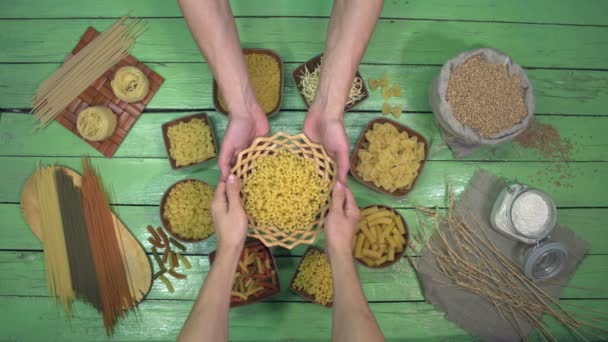 Set Different Types Pasta Noodles Top View Demonstration Three Types — 비디오