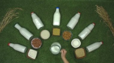 Çimlerin üzerinde farklı tipte süt var. Üst Manzara. Ağır çekim 2x. Kadın eli çimenlere bir sürahi süt koyar. İnek sütü (sıvı ve toz) ve altı çeşit süt değiştirici: Fıstık sütü, pirinç sütü, soya sütü, badem sütü, Hindistan cevizi sütü, yulaf sütü.