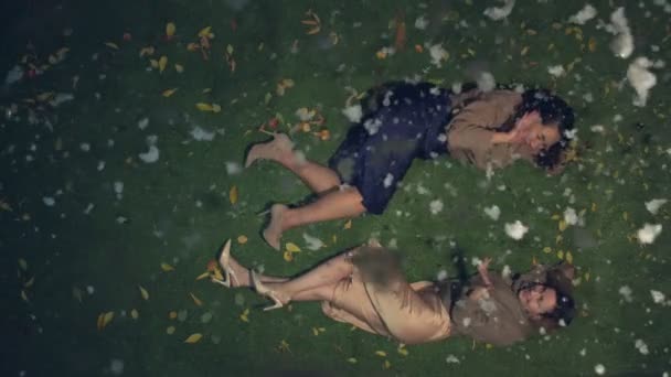 两个女人在草地上慢动作2 在大雪中 亚洲和高加索女人躺在黄叶间的草地上 他们喜欢降雪 晚上好 — 图库视频影像