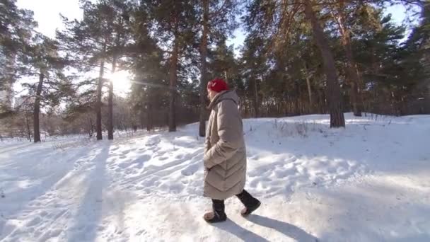 Großmutter Winterpark Großmutter Spaziert Bei Sonnigem Wetter Auf Einem Pfad — Stockvideo