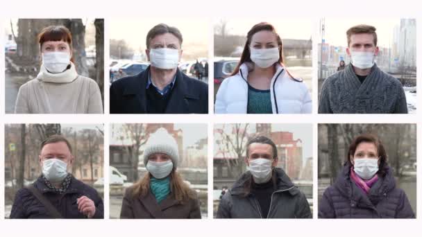 Människor Medicinska Masker Gatan Collage Åtta Personer Olika Kön Och — Stockvideo