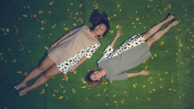 Çimlerin üzerinde iki kız. Üst Manzara. Asyalı ve beyaz kızlar sarı yaprakların arasında çimlerin üzerinde yatarlar. İyi akşamlar..