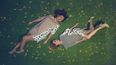 Çimlerin üzerinde iki kız. Üst Manzara. Asyalı ve beyaz kızlar sarı yaprakların arasında çimlerin üzerinde yatarlar. İyi akşamlar..