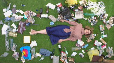 Çöpteki kız. Üst Manzara. Güzel bir kız çimenlerin üzerinde çeşitli atık ürünlerin arasında uzanıyor: cam kaplar, atık kağıtlar, ambalaj, plastik, tek kullanımlık sofra takımı, kutular, kutular..