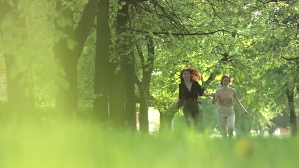 Duas Raparigas Parque Movimento Lento Duas Meninas Alegres Correm Entre — Vídeo de Stock