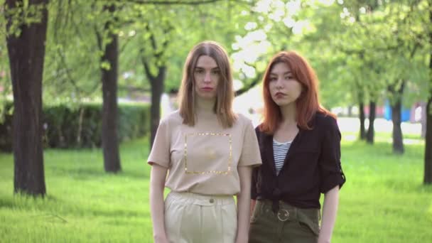 公園の２人の女の子 春の公園 二人の女の子が木の間の緑の路地に立っているとカメラを見て — ストック動画
