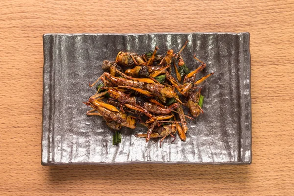 Insectos alimentarios, insectos fritos o insectos grillos crujientes — Foto de Stock