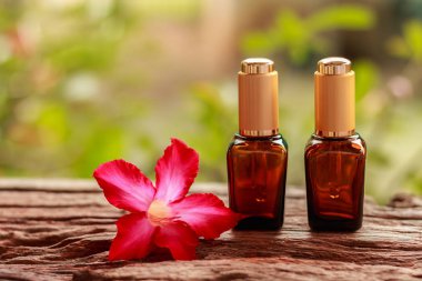 Spa Kozmetik Parfümeri Ürünleri - iki Spa kozmetik konteyner ve yeşil doğa arka plan ile eski ahşap doku çöl gülü ayakta. Portre, Select odak