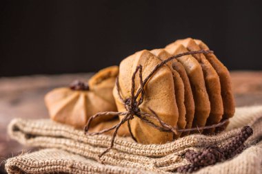 Çerezler - kahverengi kumaş arka plan üzerinde kahverengi iple bağlı çikolatalı kurabiye yığını.