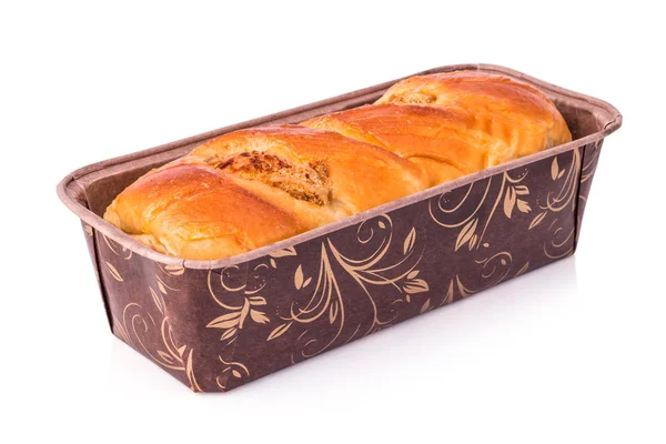 Brot - Brot in einem braunen Karton isoliert auf weißem Hintergrund. — Stockfoto