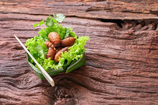 Τηγανιτό σκουλήκι, εντόμων τροφίμων με λαχανικά στα κύπελλα από β — Φωτογραφία Αρχείου