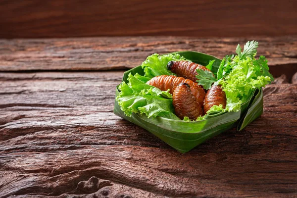 Sült féreg, rovarok eledele zöldségekkel a b-ből készült tálakban — Stock Fotó