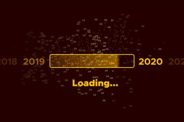 Siyah Yeni Yıl Arifesi 'nde 2 ve 0 numaraların altın dağılımıyla ilerleme çubuğu. Animasyon ekranını konfetilerle yüklemek neredeyse 2020 'ye ulaştığını gösteriyor. İlerleme çubuğu ile yaratıcı bayrak