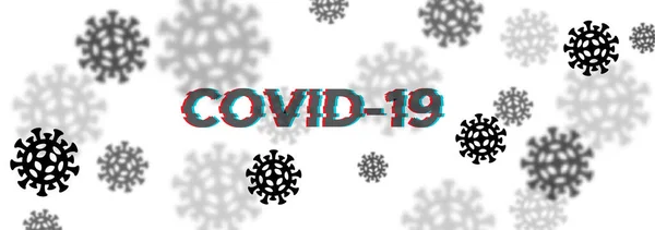 Lockdown Pandemic Covid-19 prasasti banner dengan efek glitch. Hentikan wabah Coronavirus. Bahaya mikroba bakteri dan risiko kesehatan masyarakat tipe virus mematikan Pandemic 2019-nCoV sebagai latar belakang makro - Stok Vektor